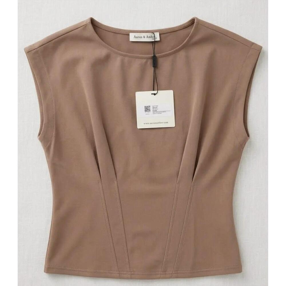 NEW AARON & AMBER women's cinched waist knit top in tan